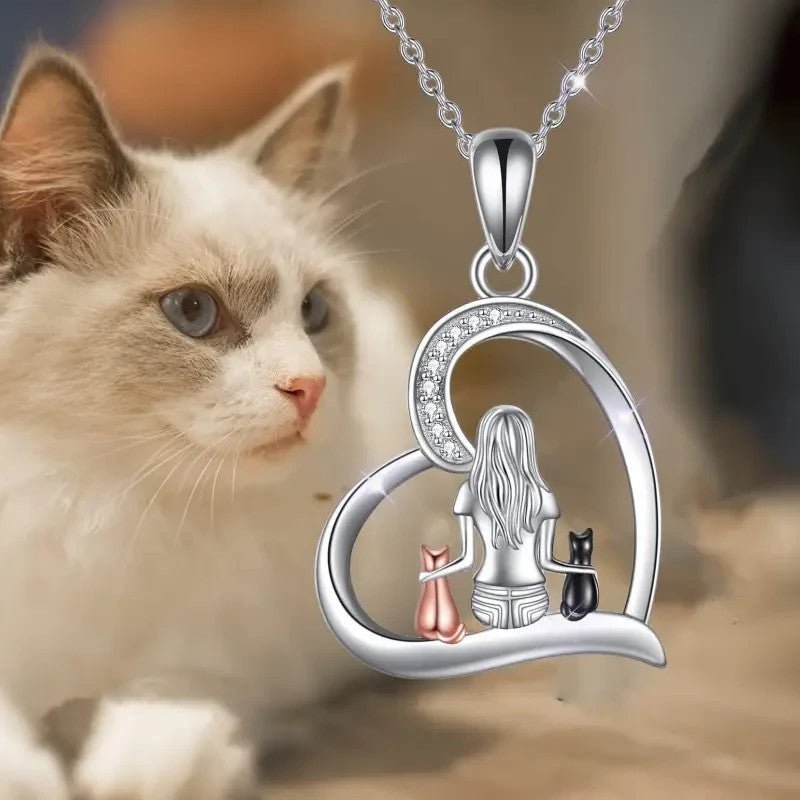NEW Cute Cat Hug Pendant Necklace Girl with 2 Adorable Cats Silver Finish - FranksFunkyStuff