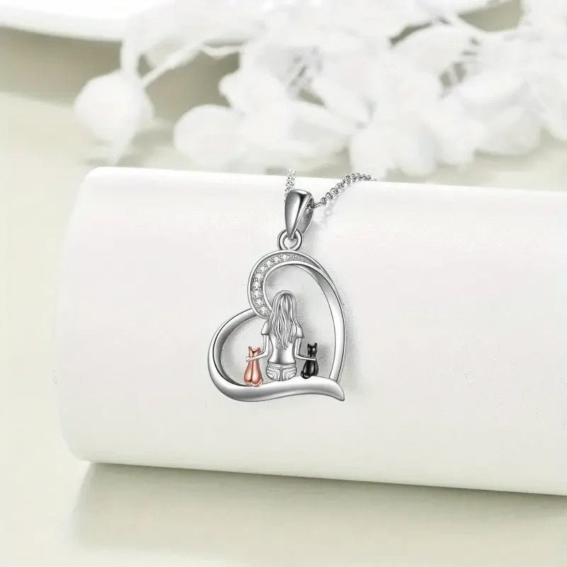 NEW Cute Cat Hug Pendant Necklace Girl with 2 Adorable Cats Silver Finish - FranksFunkyStuff