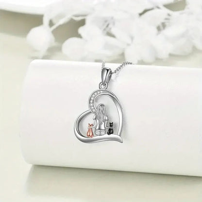 NEW Cute Cat Hug Pendant Necklace Girl with 2 Adorable Cats Silver Finish - FranksFunkyStuff