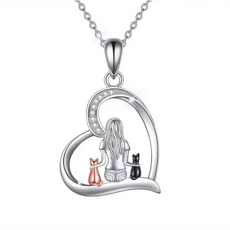 NEW Cute Cat Hug Pendant Necklace Girl with 2 Adorable Cats Silver Finish - FranksFunkyStuff
