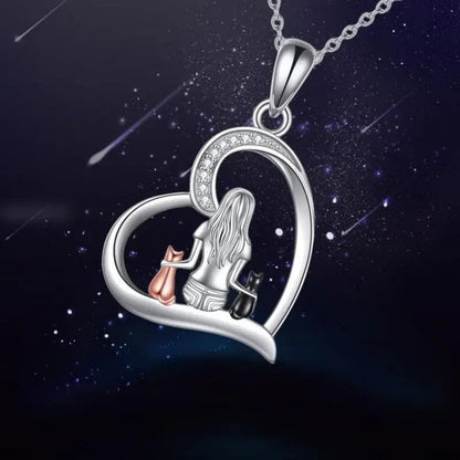 NEW Cute Cat Hug Pendant Necklace Girl with 2 Adorable Cats Silver Finish - FranksFunkyStuff