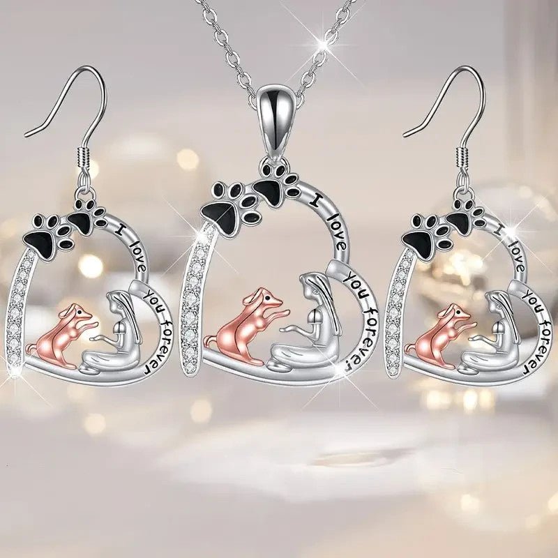 NEW Dog with Girl, Necklace and Ear Ring Set , 3 Pieces - FranksFunkyStuff