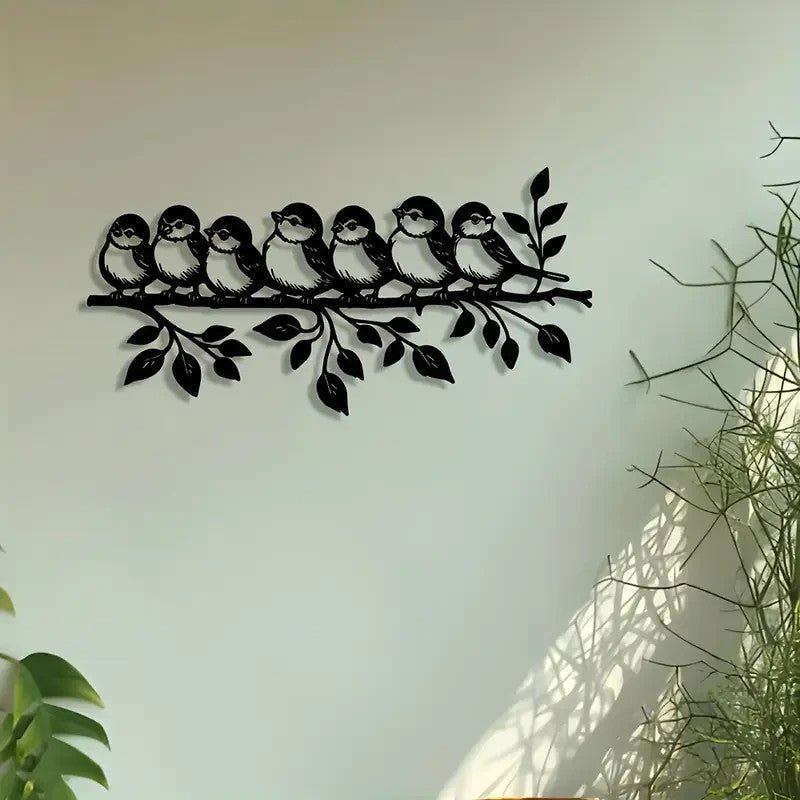 NEW Flock of 7 Birds Perched on Branch with Leaves Metal Silhouette - FranksFunkyStuff