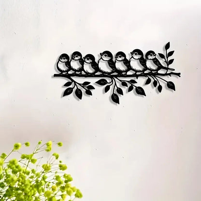 NEW Flock of 7 Birds Perched on Branch with Leaves Metal Silhouette - FranksFunkyStuff