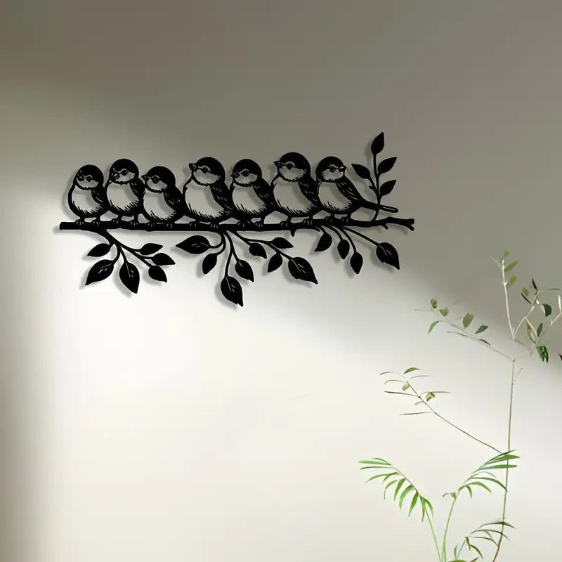 NEW Flock of 7 Birds Perched on Branch with Leaves Metal Silhouette - FranksFunkyStuff