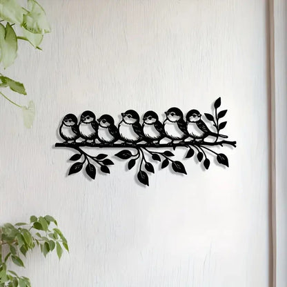 NEW Flock of 7 Birds Perched on Branch with Leaves Metal Silhouette - FranksFunkyStuff