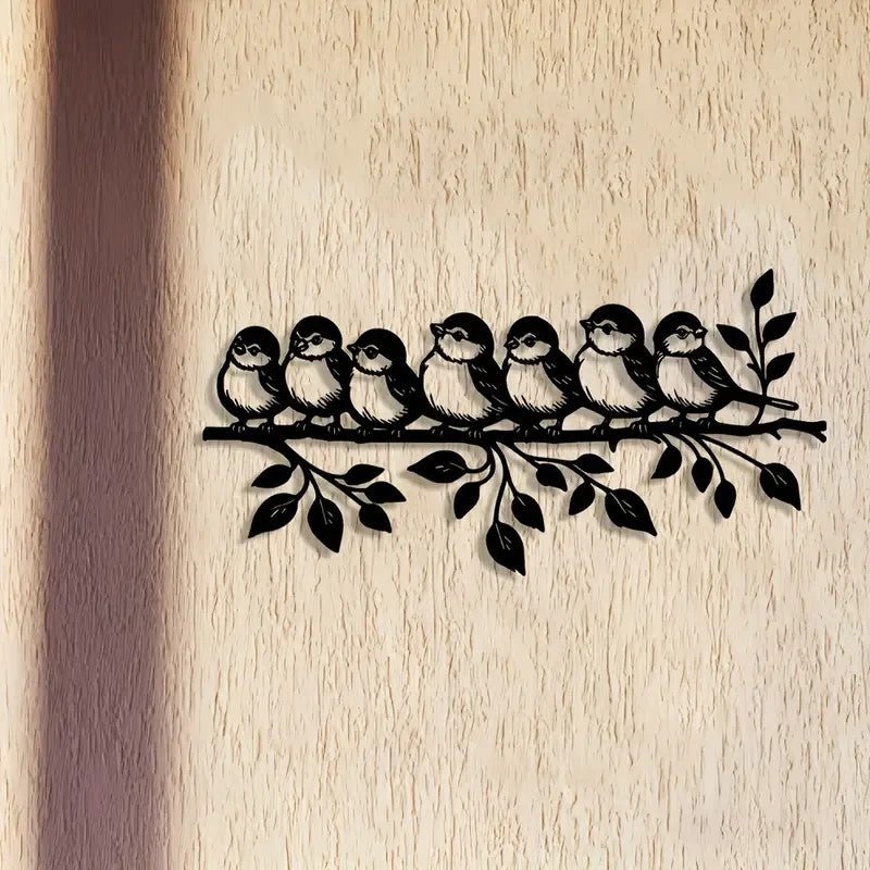 NEW Flock of 7 Birds Perched on Branch with Leaves Metal Silhouette - FranksFunkyStuff