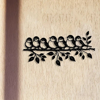 NEW Flock of 7 Birds Perched on Branch with Leaves Metal Silhouette - FranksFunkyStuff