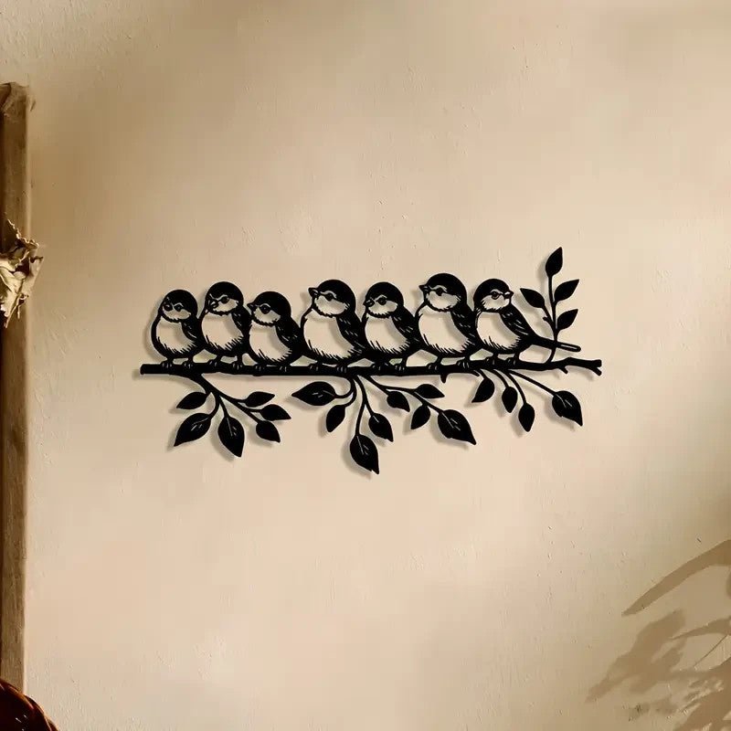NEW Flock of 7 Birds Perched on Branch with Leaves Metal Silhouette - FranksFunkyStuff