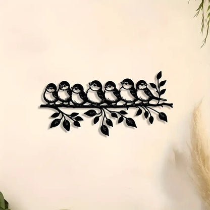 NEW Flock of 7 Birds Perched on Branch with Leaves Metal Silhouette - FranksFunkyStuff
