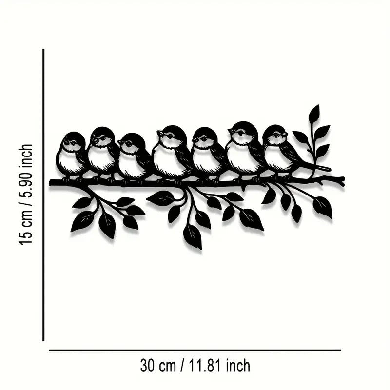 NEW Flock of 7 Birds Perched on Branch with Leaves Metal Silhouette - FranksFunkyStuff