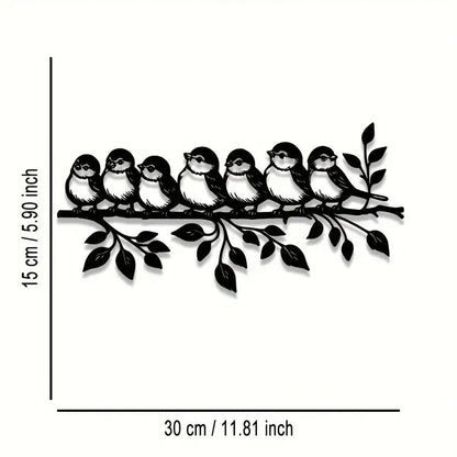 NEW Flock of 7 Birds Perched on Branch with Leaves Metal Silhouette - FranksFunkyStuff