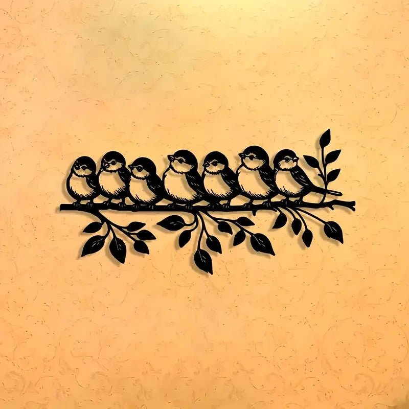 NEW Flock of 7 Birds Perched on Branch with Leaves Metal Silhouette - FranksFunkyStuff