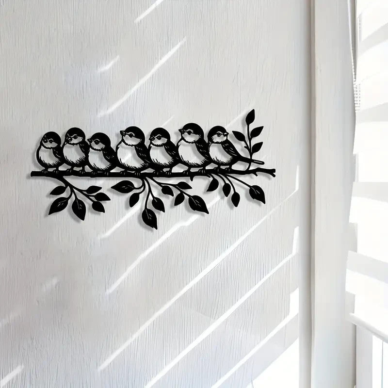 NEW Flock of 7 Birds Perched on Branch with Leaves Metal Silhouette - FranksFunkyStuff