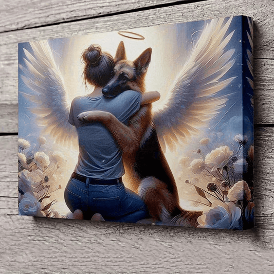 NEW GERMAN SHEPHERD W/GIRL EMBRACE FRAMED CANVAS PAINTING "ANGEL COVENANT " - FranksFunkyStuff