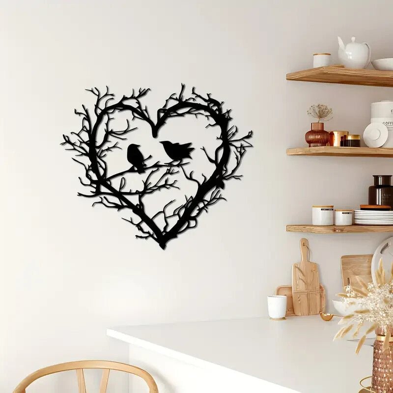 NEW HEART W/ 2 LOVE BIRDS on a Branch Made from Metal - FranksFunkyStuff