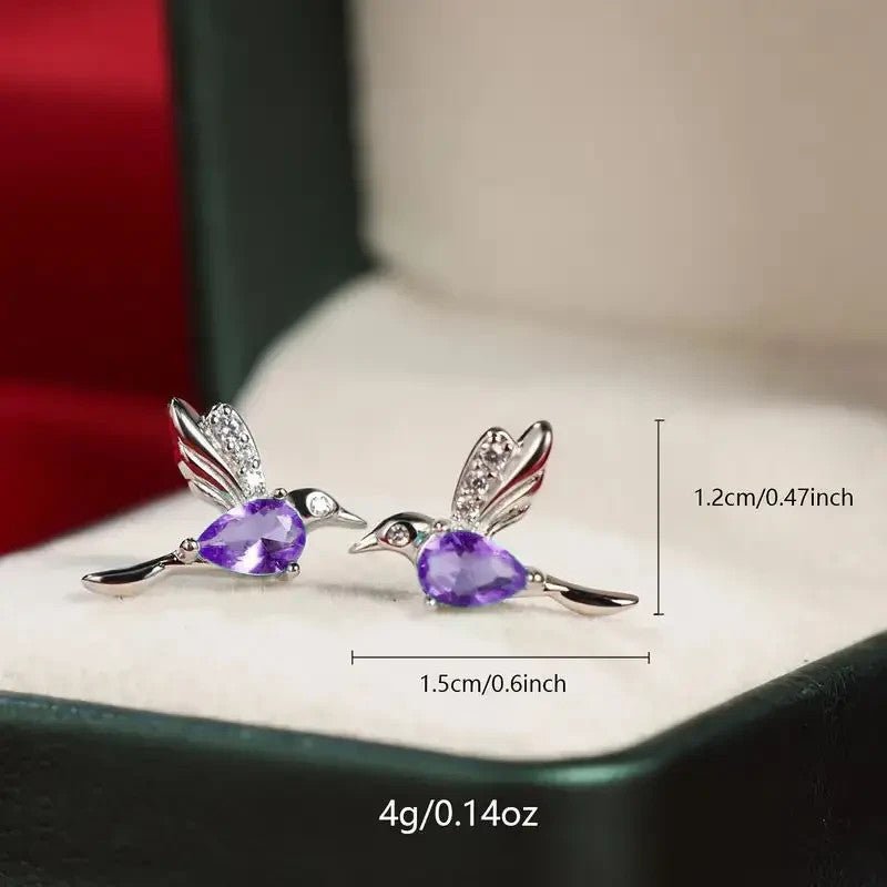 NEW Hummingbird Stud Earrings, Silvery - Tone Alloy with Purple Faux Gem - FranksFunkyStuff