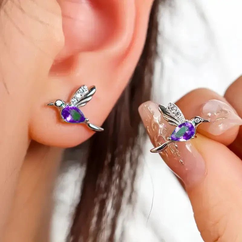 NEW Hummingbird Stud Earrings, Silvery - Tone Alloy with Purple Faux Gem - FranksFunkyStuff