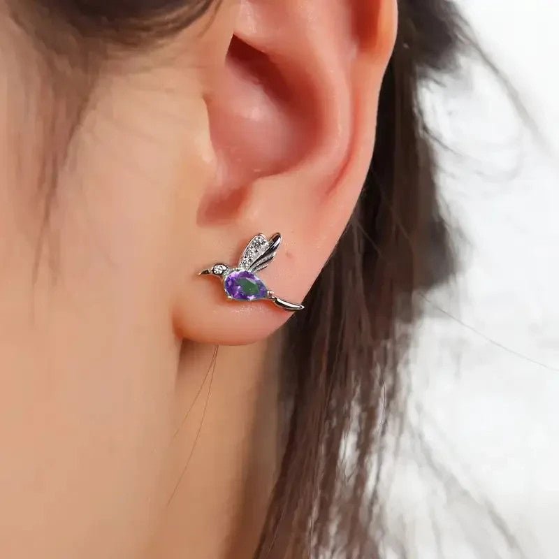 NEW Hummingbird Stud Earrings, Silvery - Tone Alloy with Purple Faux Gem - FranksFunkyStuff