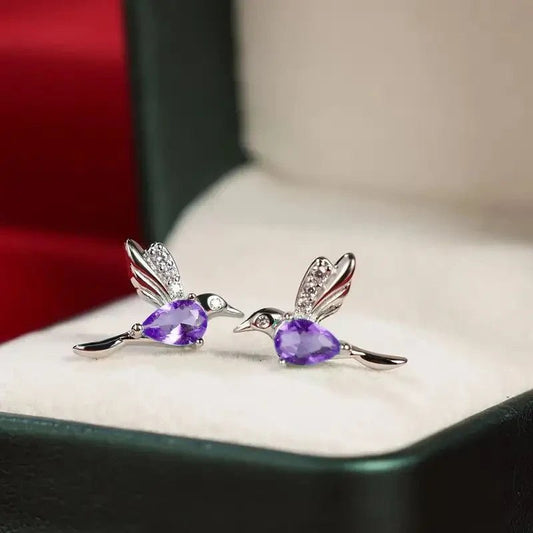 NEW Hummingbird Stud Earrings, Silvery - Tone Alloy with Purple Faux Gem - FranksFunkyStuff