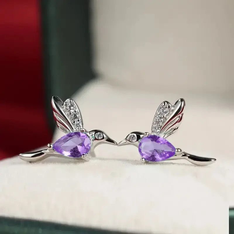NEW Hummingbird Stud Earrings, Silvery - Tone Alloy with Purple Faux Gem - FranksFunkyStuff