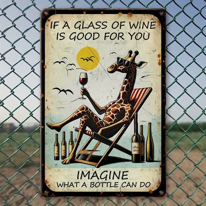 NEW , Humorous Giraffe "If a Glass of Wine is Good for You" metal sign - FranksFunkyStuff