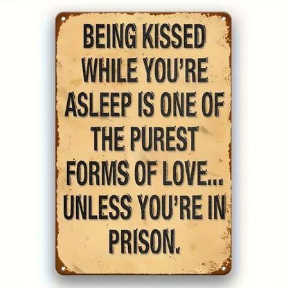 NEW " Kissed While Sleeping " Metal Decorative Sign with Humorous Quote - FranksFunkyStuff