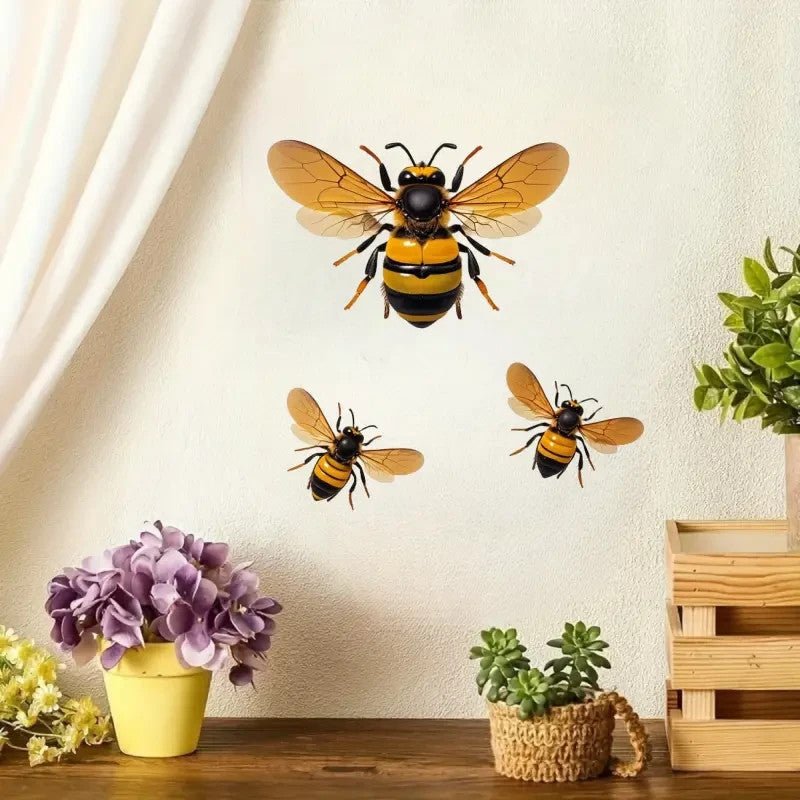 NEW Metal Bee Wall Art, 2D Flat ThreePiece Set Life Like - FranksFunkyStuff
