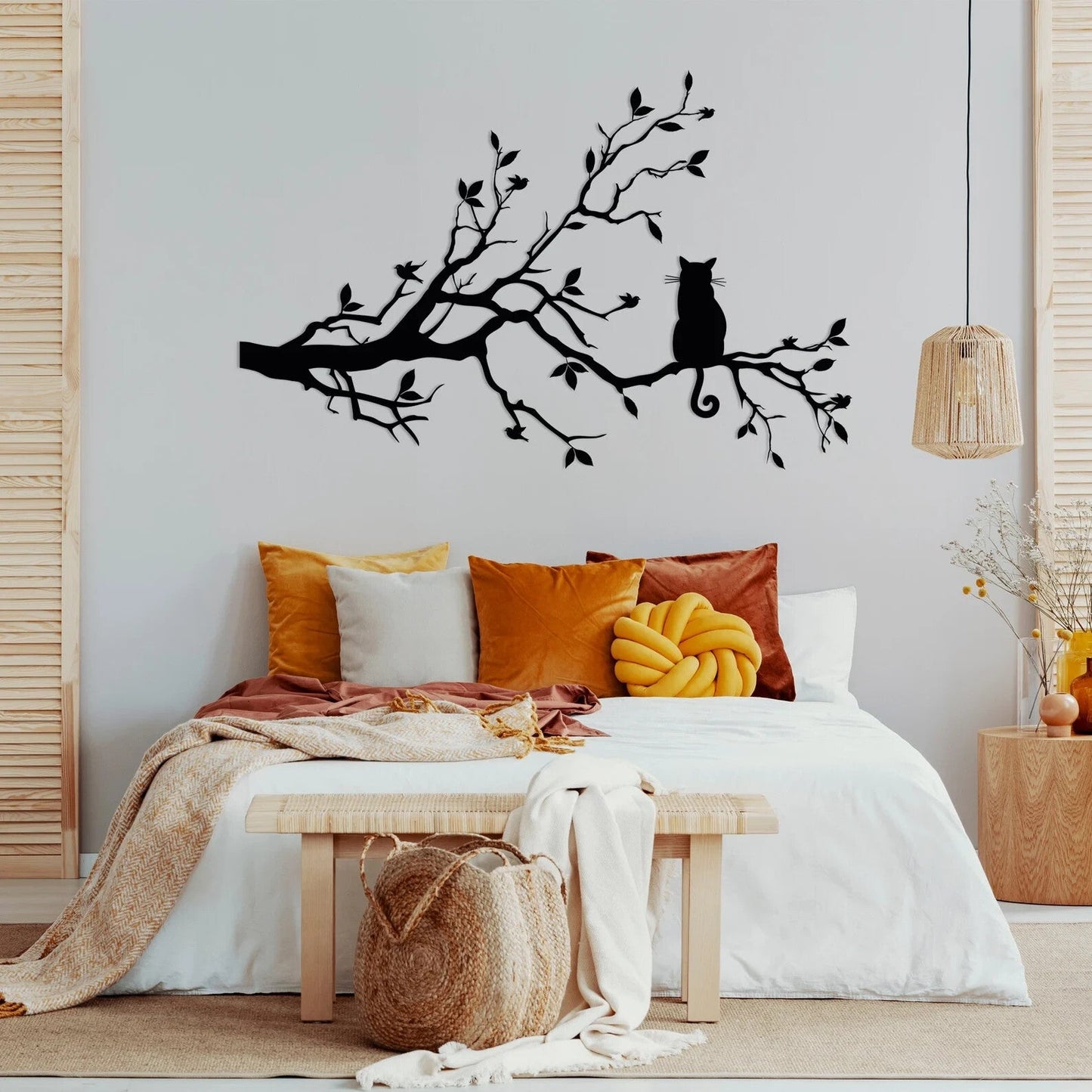 NEW METAL CAT / BIRDS Silhouetette Wall Art, Birds and Cat on Tree Branches - FranksFunkyStuff