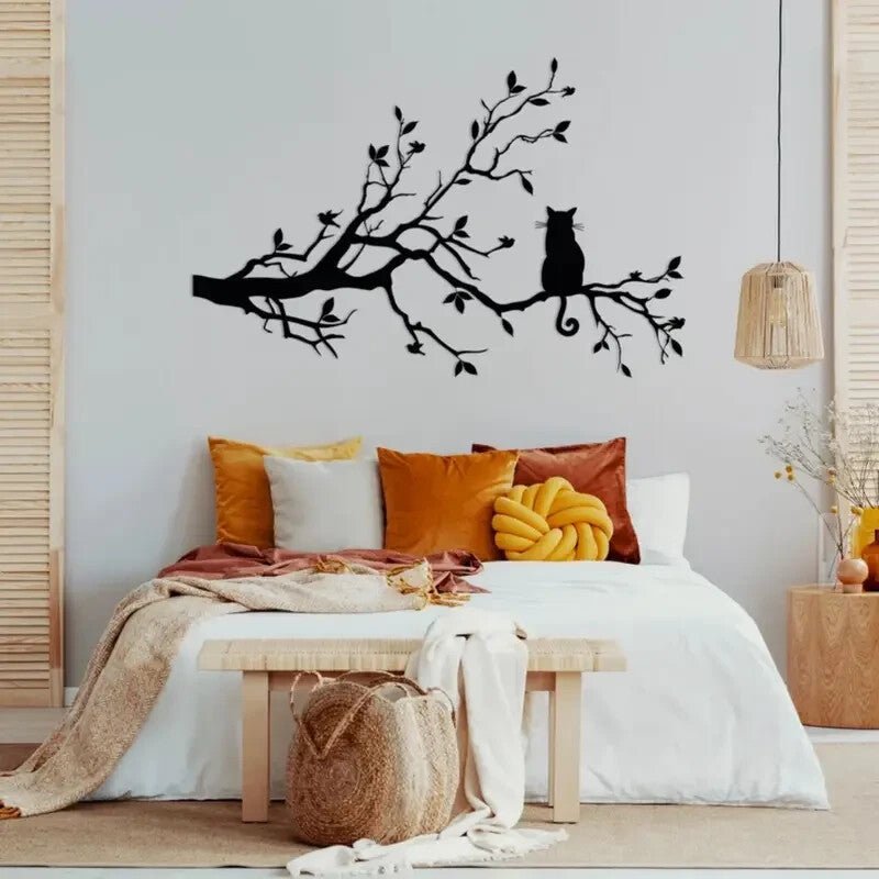NEW METAL CAT / BIRDS Silhouetette Wall Art, Birds and Cat on Tree Branches - FranksFunkyStuff