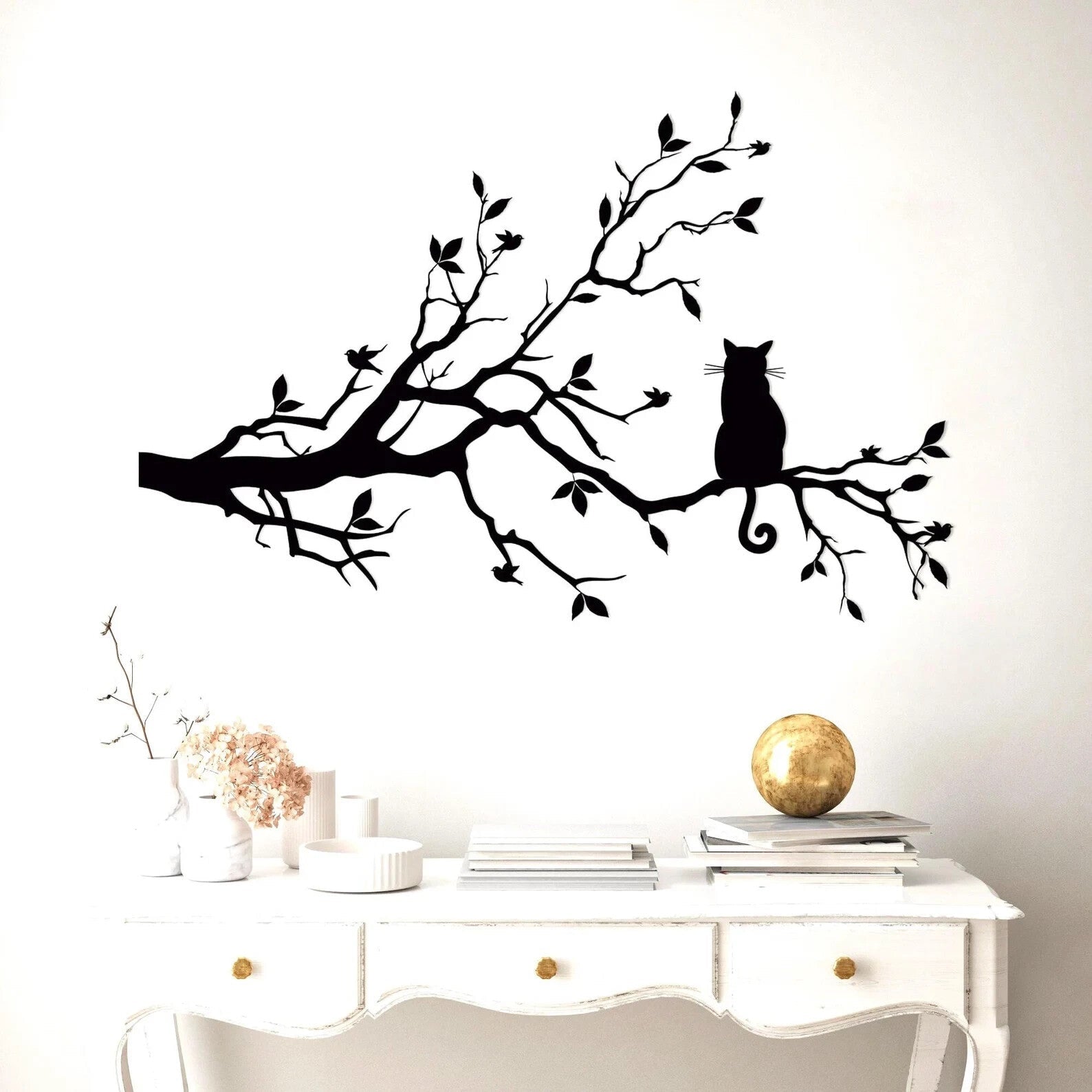 NEW METAL CAT / BIRDS Silhouetette Wall Art, Birds and Cat on Tree Branches - FranksFunkyStuff