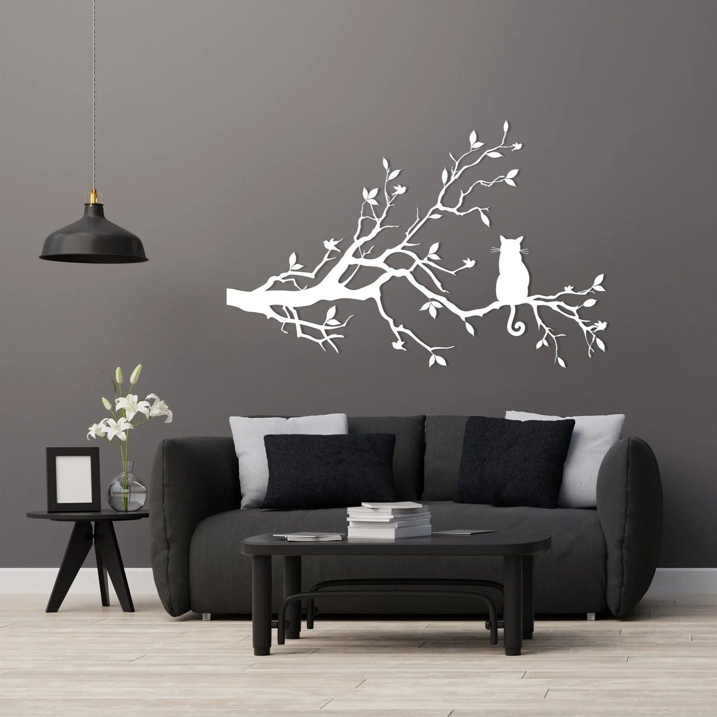 NEW METAL CAT / BIRDS Silhouetette Wall Art, Birds and Cat on Tree Branches - FranksFunkyStuff