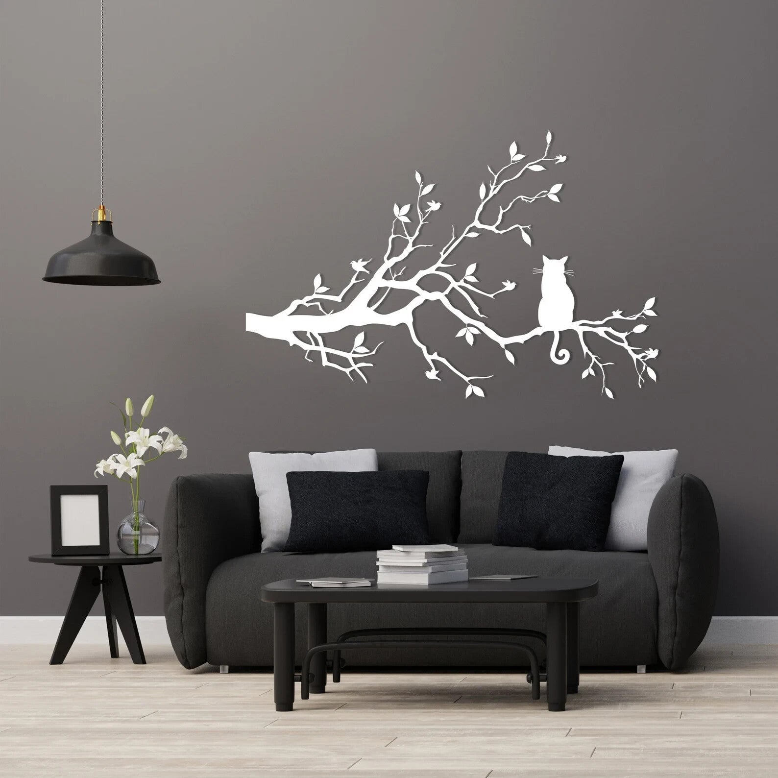 NEW METAL CAT / BIRDS Silhouetette Wall Art, Birds and Cat on Tree Branches - FranksFunkyStuff