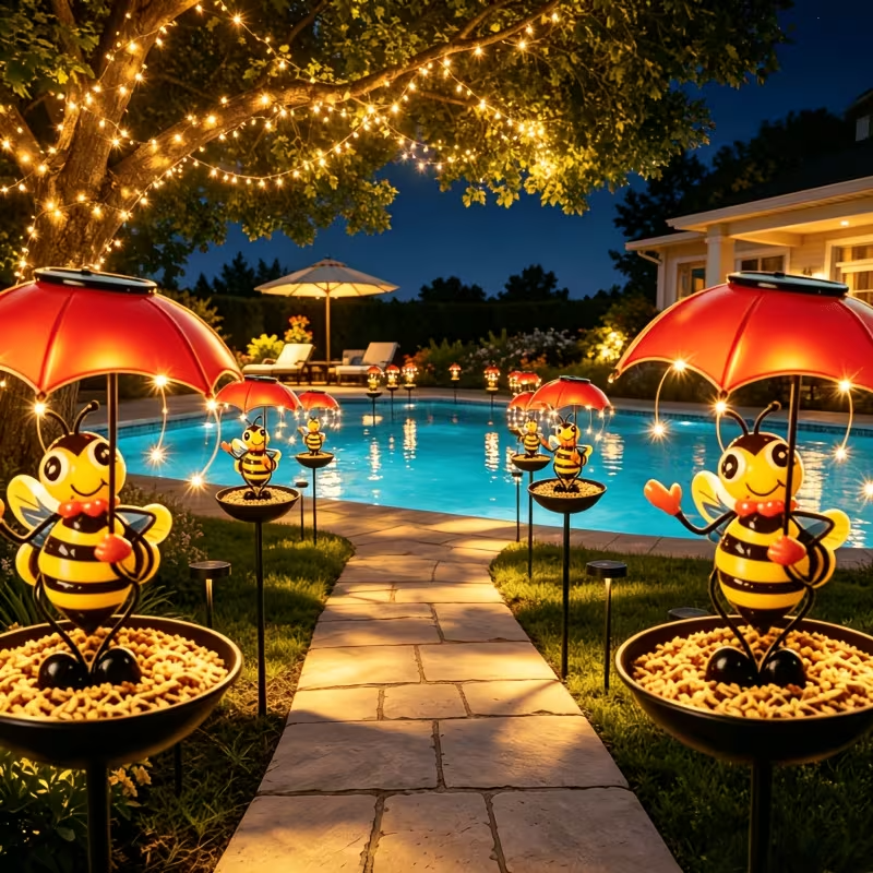 NEW Outdoor Garden Decorative Solar Bee Statue LED Lights with Bird Feeder Dish - FranksFunkyStuff