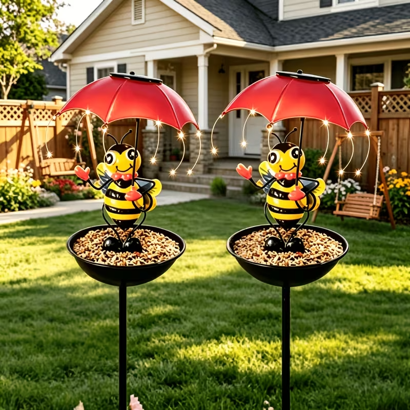 NEW Outdoor Garden Decorative Solar Bee Statue LED Lights with Bird Feeder Dish - FranksFunkyStuff