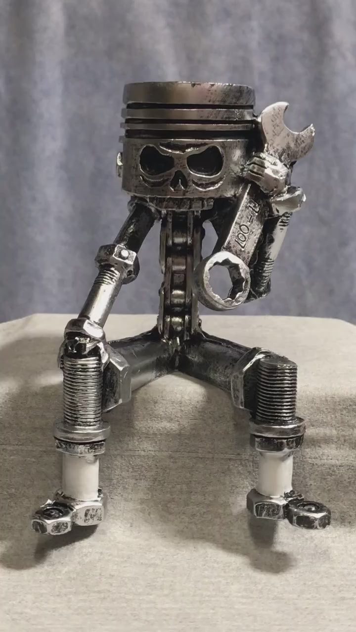 Piston Man Sculpture, Skull Gear Face Tabletop Mechanic with Wrench
