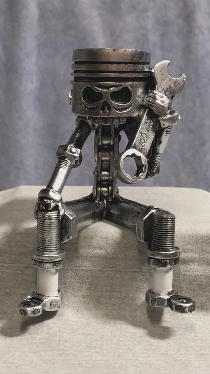 Piston Man Sculpture, Skull Gear Face Tabletop Mechanic with Wrench