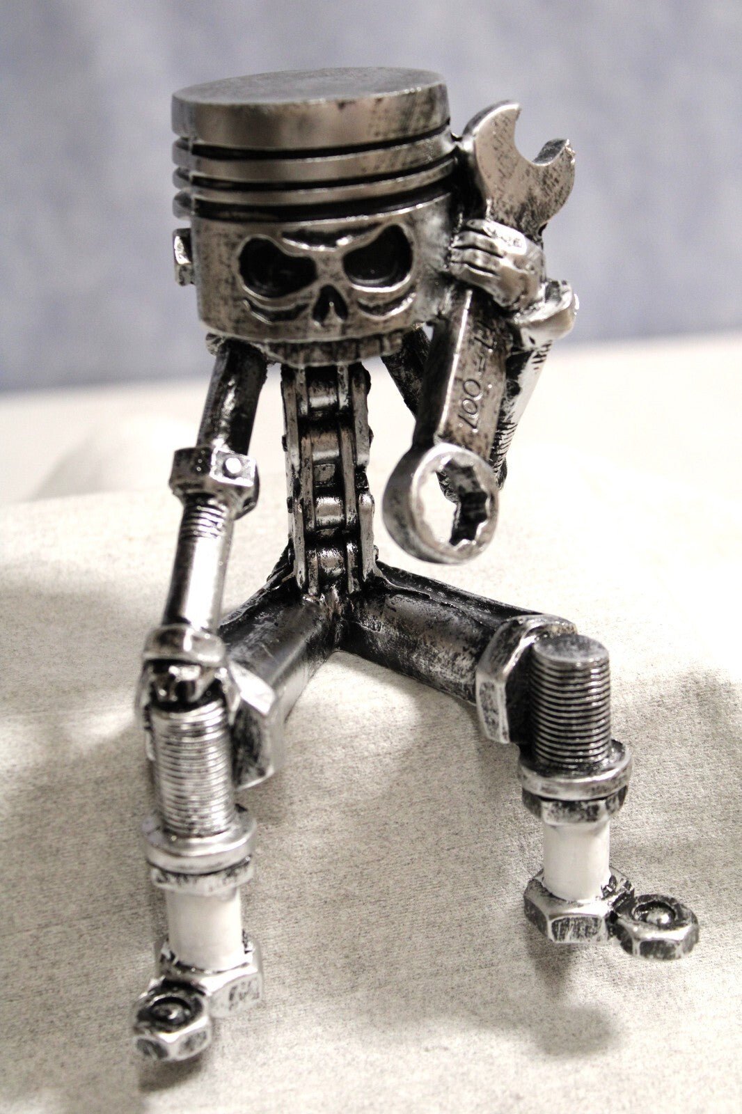 Skull Piston Sculpture, Gear Face, Man Cave, Mechanic, Tabletop, - FranksFunkyStuff