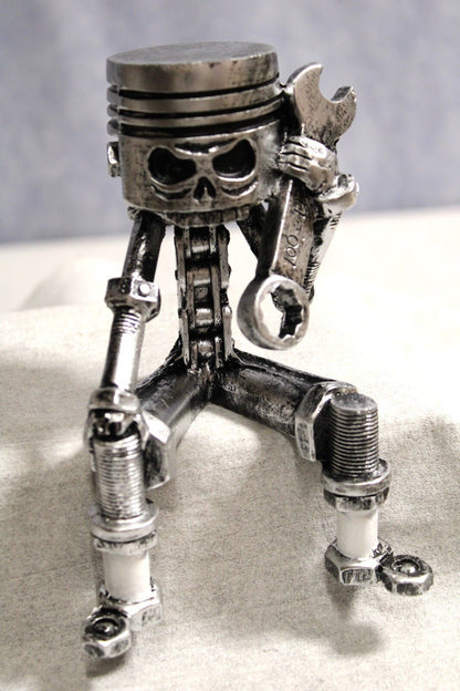 Skull Piston Sculpture, Gear Face, Man Cave, Mechanic, Tabletop, - FranksFunkyStuff