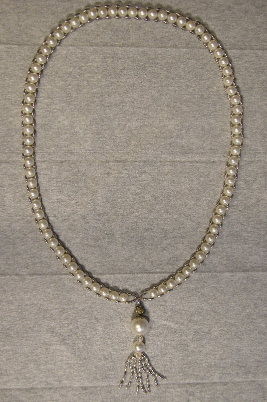 Vintage 1950's Pearl Necklace W/ Pearl and Stone Tassel - FranksFunkyStuff