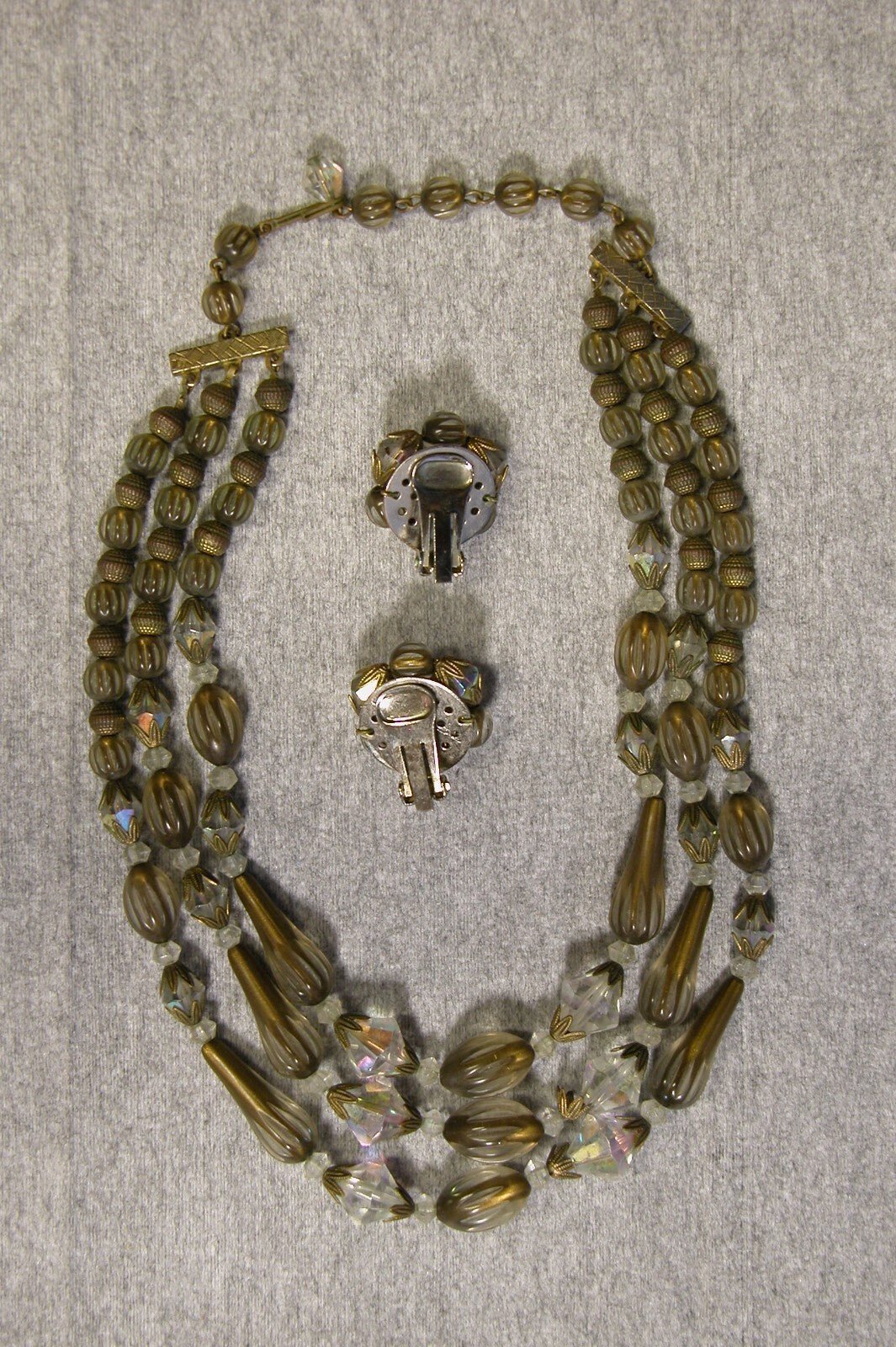 Vintage Costume Jewelry 1950's Tri Strand Necklace and Earring Set - FranksFunkyStuff