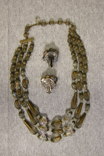 Vintage Costume Jewelry 1950's Tri Strand Necklace and Earring Set - FranksFunkyStuff