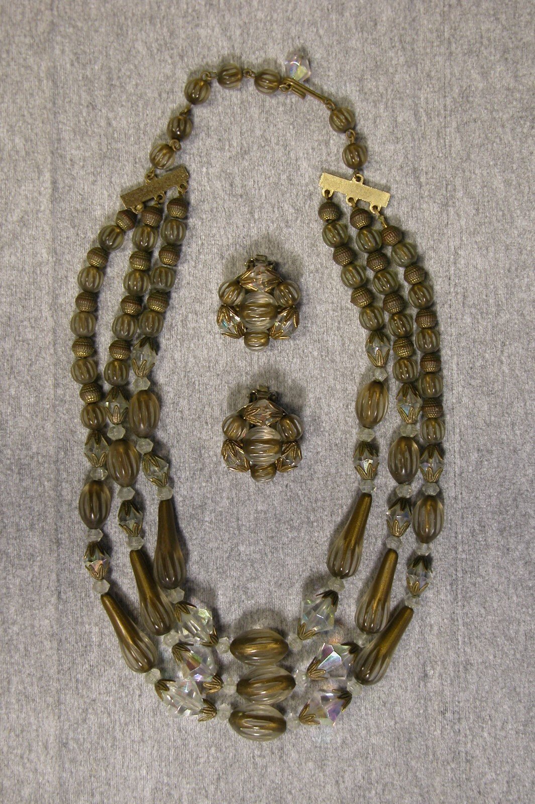 Vintage Costume Jewelry 1950's Tri Strand Necklace and Earring Set - FranksFunkyStuff