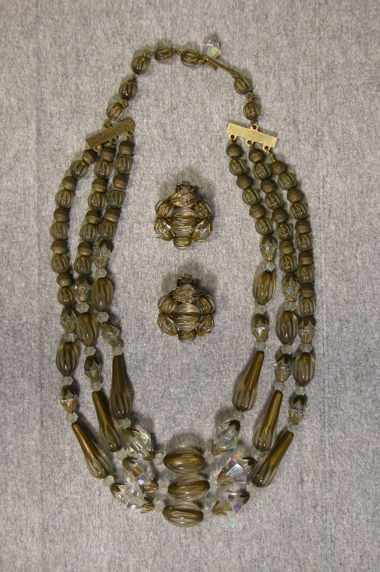 Vintage Costume Jewelry 1950's Tri Strand Necklace and Earring Set - FranksFunkyStuff