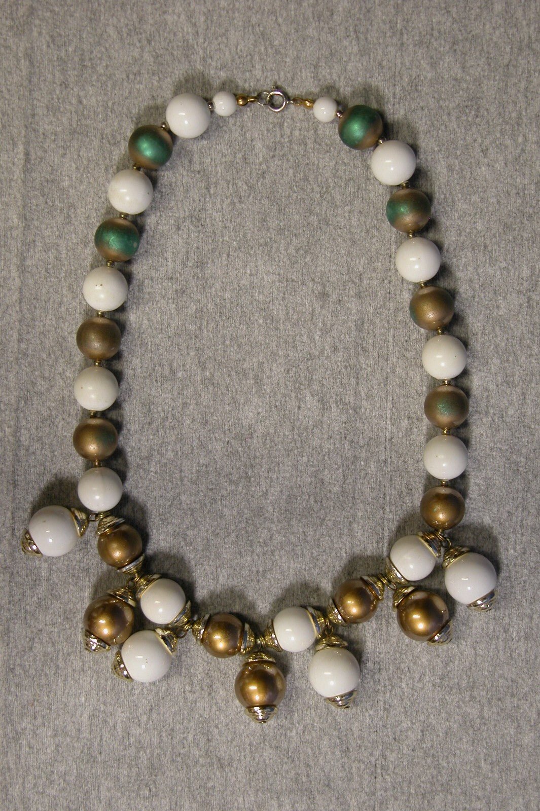 Vintage White & Gold Beaded Necklace w/ Second Row of 5 Beads - FranksFunkyStuff