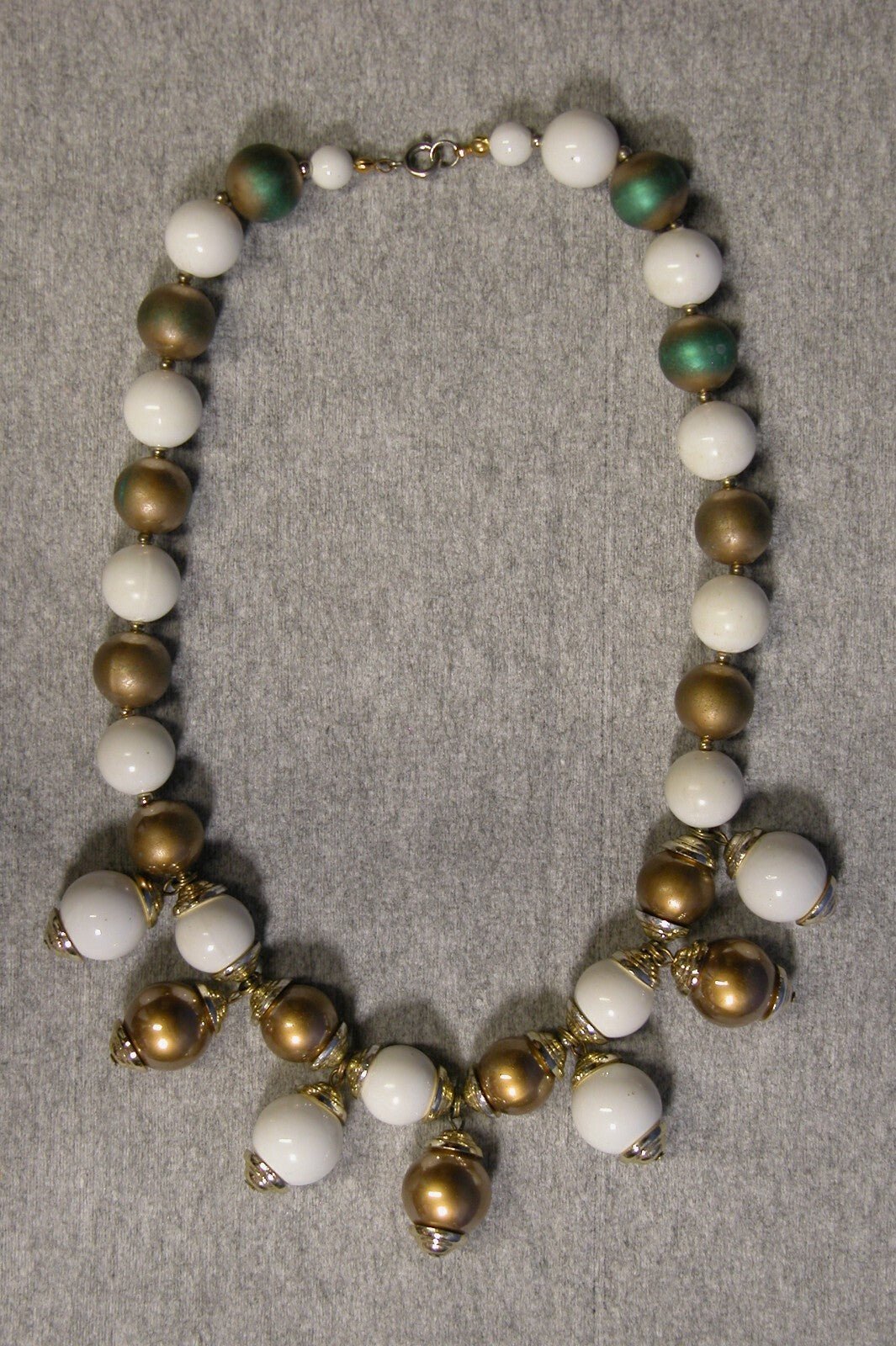 Vintage White & Gold Beaded Necklace w/ Second Row of 5 Beads - FranksFunkyStuff
