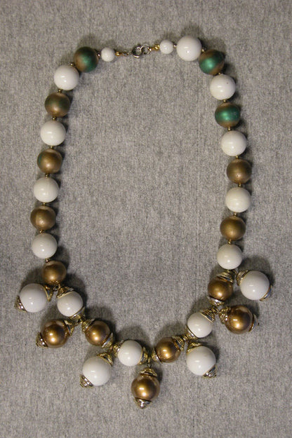 Vintage White & Gold Beaded Necklace w/ Second Row of 5 Beads - FranksFunkyStuff