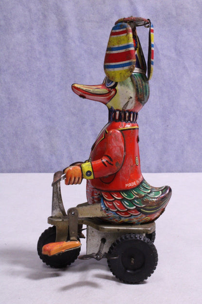 Vintage Wind - up Tin Toy "Duck on Tricycle" Propeller Toped Hat - FranksFunkyStuff