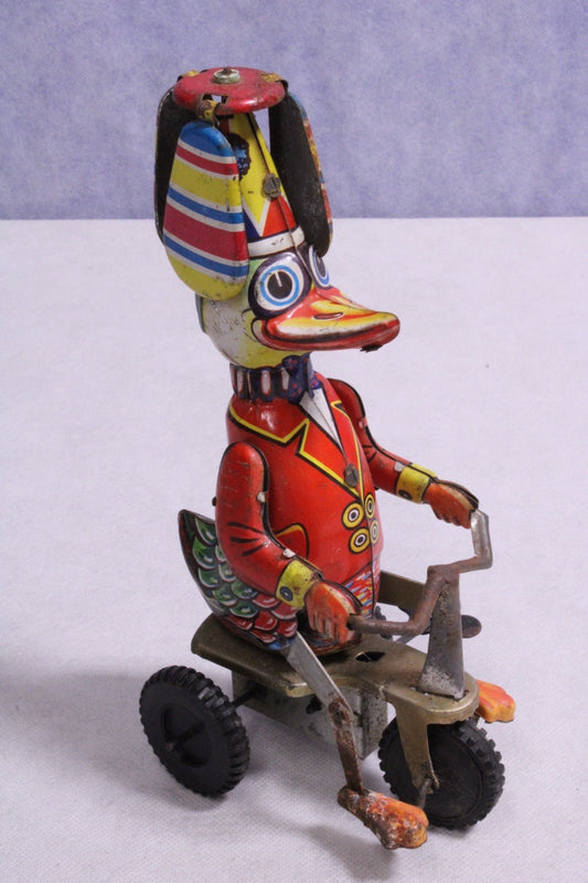 Vintage Wind - up Tin Toy "Duck on Tricycle" Propeller Toped Hat - FranksFunkyStuff