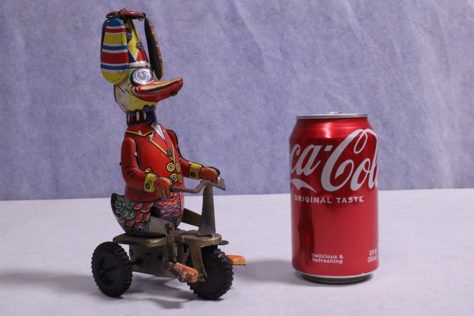 Vintage Wind - up Tin Toy "Duck on Tricycle" Propeller Toped Hat - FranksFunkyStuff
